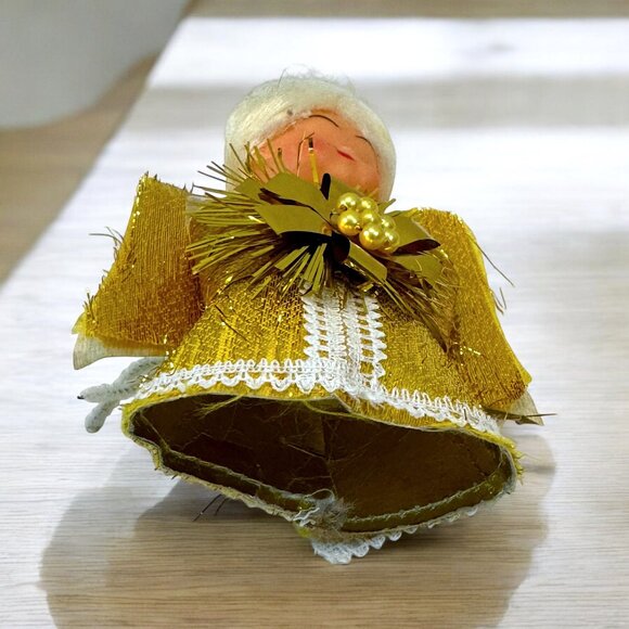 Vintage 1960's Gold Christmas Angel Sparkling Fabric White Hair Plastic Head - Picture 4 of 4